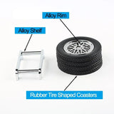 Creative Rubber Tire Wheel Rim Shaped Bottle Cup Coasters Car Truck JDM Enthusiast Home Decoration (4PCS Coasters+1PCS Shelf)