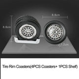 Creative Rubber Tire Wheel Rim Shaped Bottle Cup Coasters Car Truck JDM Enthusiast Home Decoration (4PCS Coasters+1PCS Shelf)